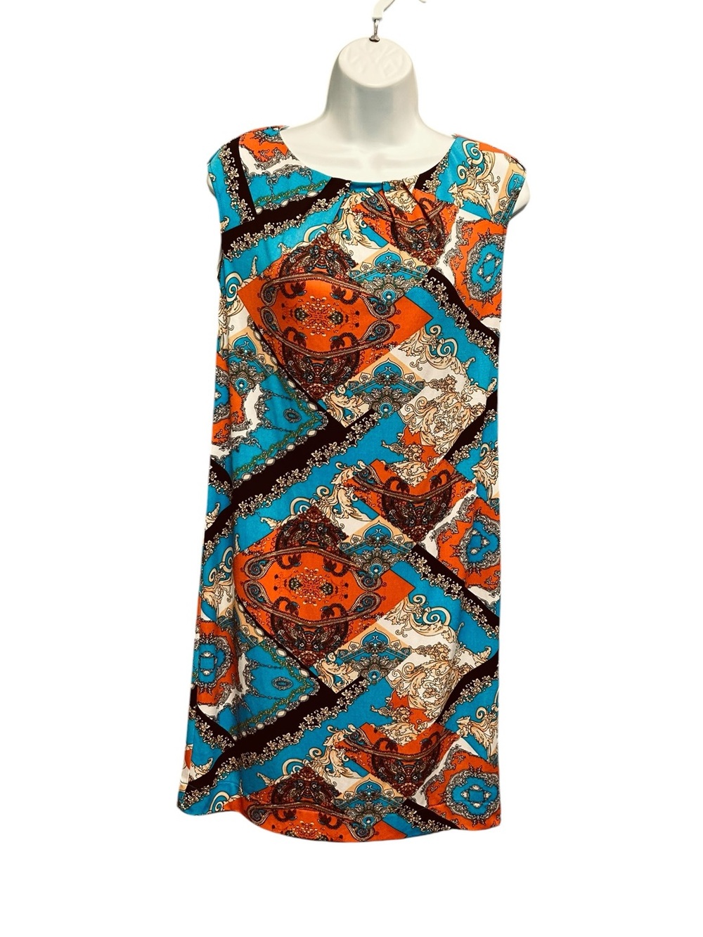 Jessica Vintage Paisley Shift Dress Blue Orange Stretchy Size 2
